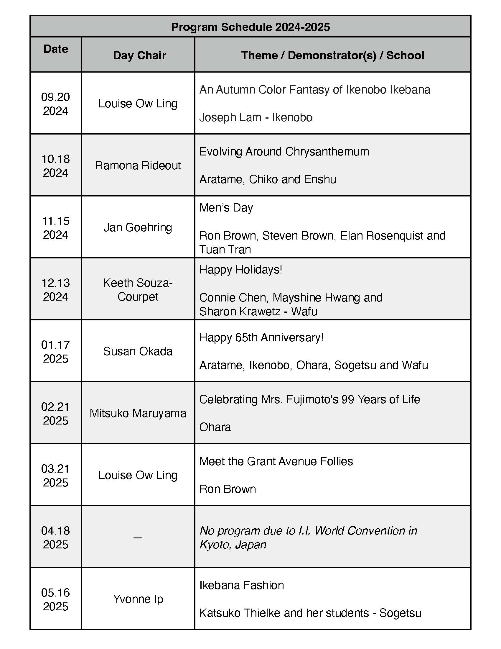 2024-2025 I.I. Program Schedule